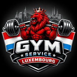Logo Gym Service Luxembourg — un lion couronné rouge soulevant une barre devant le drapeau luxembourgeois