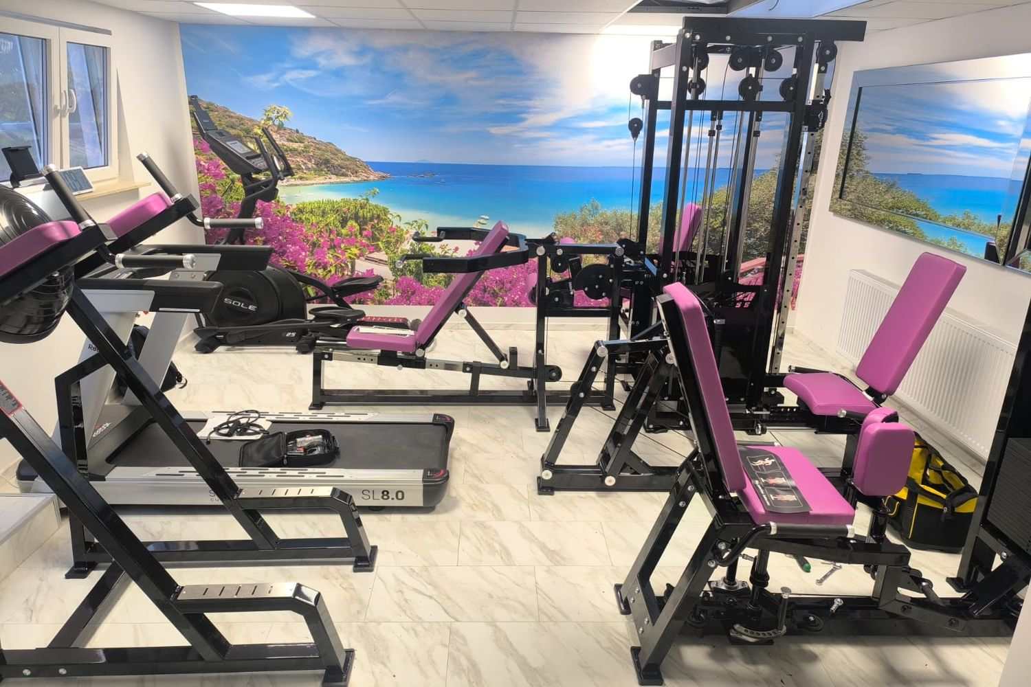 Kleines privates Studio mit Beinpresse, Kabelzug, Laufband und rosa Polstern