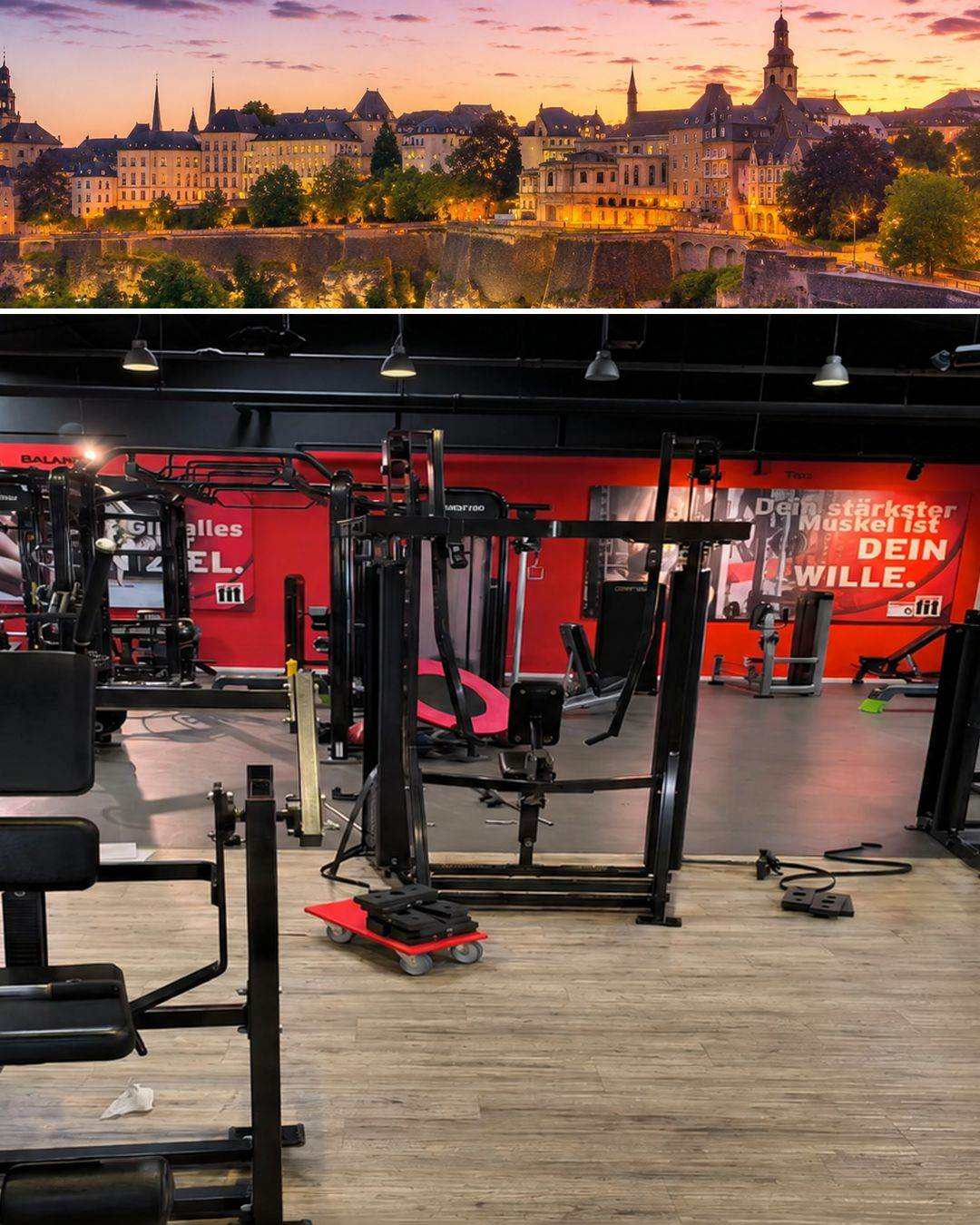 Luxembourg City at dusk above a fully equipped strength training floor