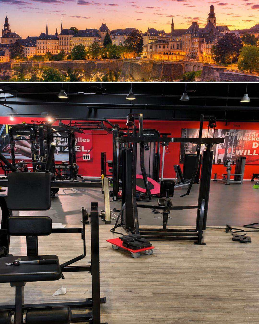 Vue de Luxembourg-Ville au crépuscule et plateau de musculation entièrement équipé