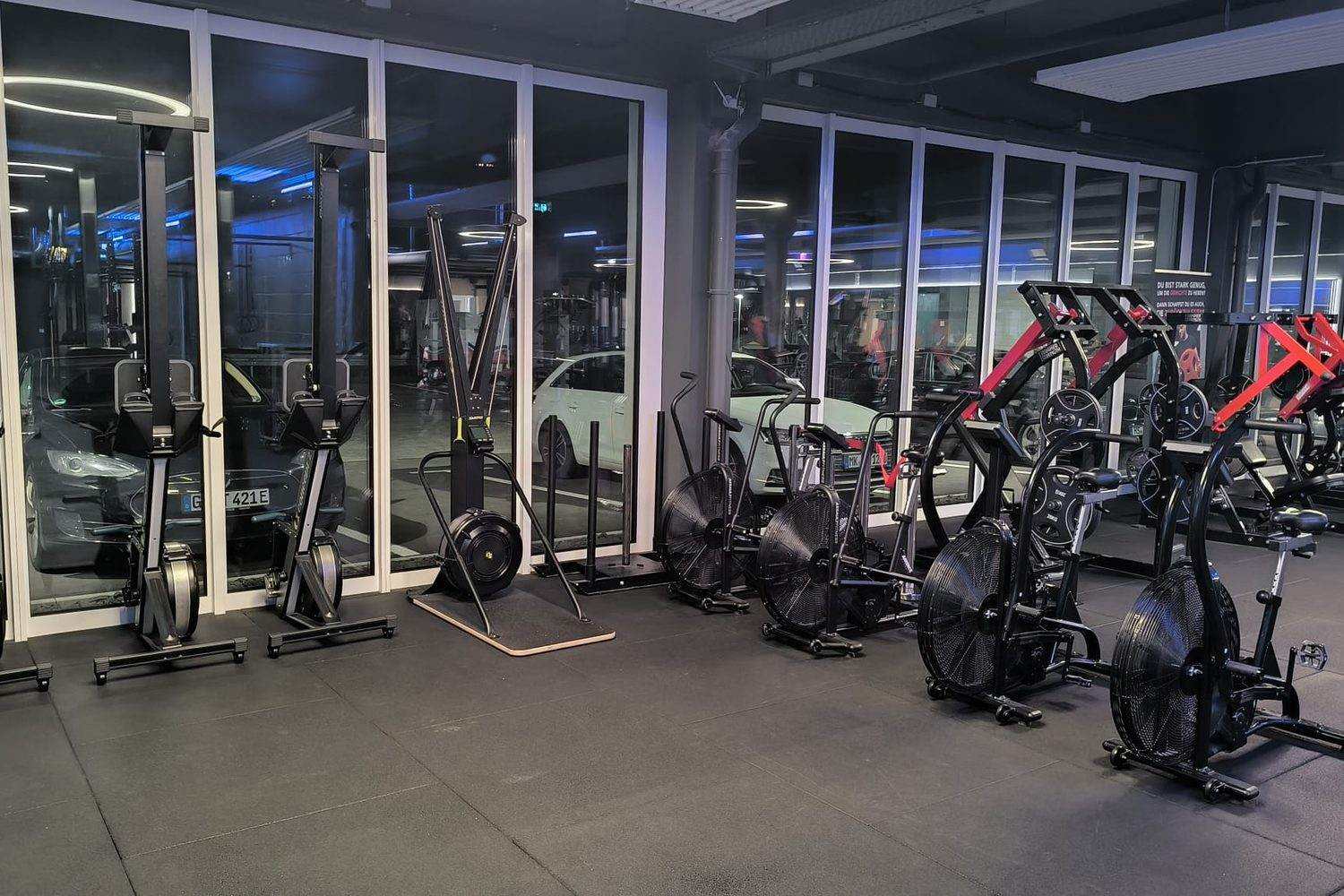 Cardio area of a modern gym with rowing machines, a ski erg and air bikes
