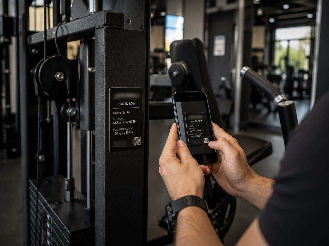 Plaque signalétique d’un appareil de musculation photographiée au téléphone : modèle, numéro de série et charge maximale lisibles