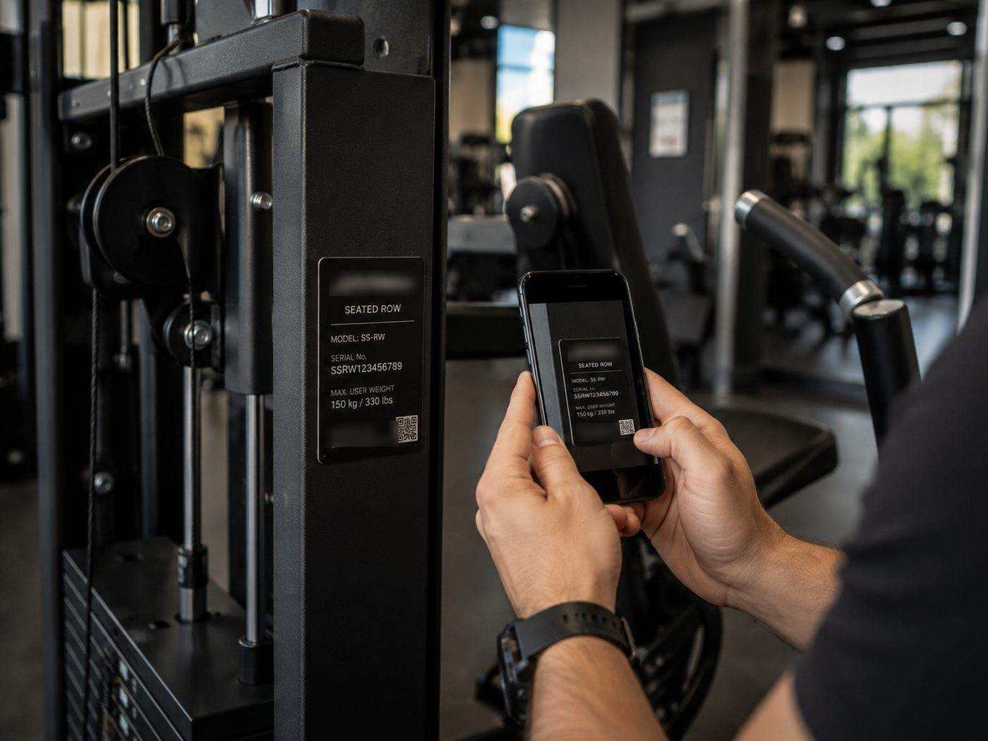 Type plate of a strength machine being photographed with a phone: model, serial number and maximum user weight legible
